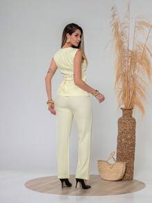 Elegant Plain Vest And Trousers Set C3302 - Light Yellow - View 4