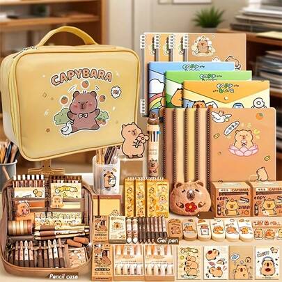 Capybara Stationery Gift Set (Gift Box/Handbag), Soft Grip Pen, Notebook, Pencil Case And Accessories, Cute Learning Essentials Pack For Boys, Girls And Animal Lovers