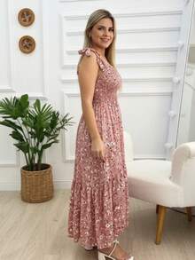 女士优雅印花连衣裙，肩部系带松紧腰不对称下摆设计，适合日常下午茶、外出、居家休闲、朋友聚会、办公、度假等场合，夏季穿着。 - 彩色 - 查看 5