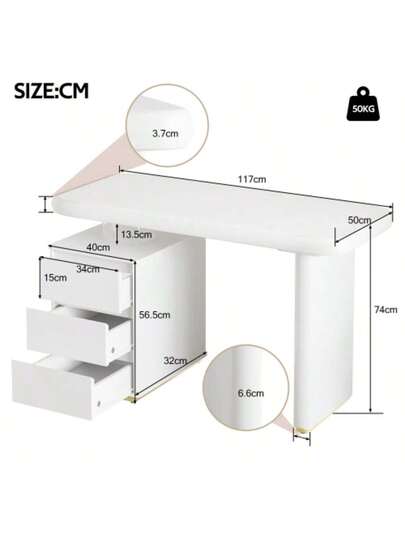 Moderne Bureau 117*50*74 Cm Entirely Painted White, Cloud Like Shape, Drawers, Thickened Top Tafel Legs, Rounded Curves, Stable, Fully Desk, French view 8