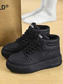 女士休闲运动鞋,新款高帮滑板鞋,厚底平底圆头套脚滑板鞋,白色透气除臭个性街头风摩托车靴,户外旅行度假真皮摩托车靴 - 黑色 - 查看 8