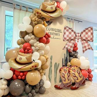 129件/套西部牛仔气球拱门和花环套装，包含牛仔帽、靴子、蝴蝶结铝箔气球，以及红色、棕色、卡其色、米色和白色乳胶气球，适用于牛仔女郎、牛仔、婴儿派对、生日、西部农场动物主题派对装饰。