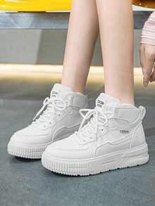 Women's Casual Sneakers, New High-Top Skateboard Shoes, Thick Sole Elevator Flat Round Toe Slip-On Skate Shoes, White, Breathable Deodorizing Personalized Street Style Motorcycle Boots, Outdoor Travel Holiday Leather Motorcycle Boots - White - View 5