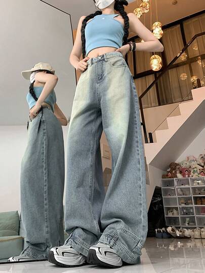 女士时尚水洗阔腿复古牛仔裤