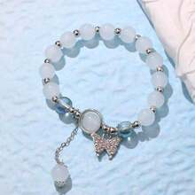 1pc Imitation Cat Eye Stone Bracelet With Butterfly Pendant, Suitable As Gift For Friends And Girlfriends (No Actual Cat Eye Effect) - White - View 1