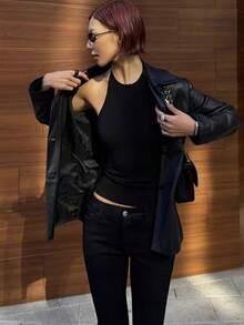 Top de tirantes finos ajustado y sin espalda, top de ajuste ceñido para capas, otoño/invierno - Negro - Ver 3