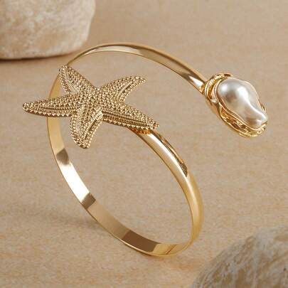 Opalesca 1 pieza Pulsera con diseño asimétrico, aberturas, perlas y estrellas de mar, de estilo playero y de resort