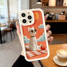 Cubierta de teléfono con borde negro diseño de gato con gafas de sol sobre mantel a cuadros rojo y blanco fondo naranja con nubes y sol para uso diario en cafeterías Aplicable a los teléfonos de la serie Apple y Galaxy - Burdeos - Ver 4