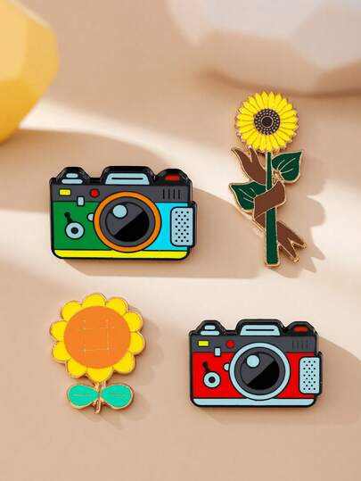 1/4pcs Creative Camera & Sunflower Brooch, Cute Vintage Photography Camera Cartoon Metal Badge Pin, Fashionable Accessory For Clothes