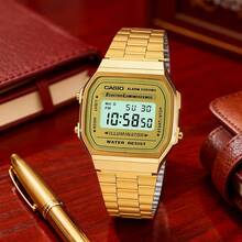 Casio ساعة رقمية رياضية، ساعة بسوار من الفولاذ المقاوم للصدأ بتصميم ريترو وقرص مربع، تقويم ومنبه وساعة إيقاف، مقاومة للماء للاستخدام اليومي، مناسبة للاستخدام اليومي - الذهبي والأسود - مشاهدة 8