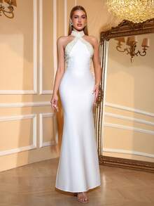 Love Aing 女士手工镶钻露背珍珠装饰奢华正式晚礼服/婚礼宾客/伴娘/派对/宴会优雅美人鱼连衣裙 - 白色 - 查看 3