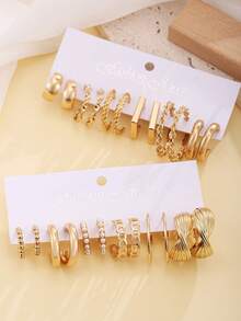 Juego de 24-12 piezas de pendientes geométricos de perlas falsas de moda para mujeres, pendientes únicos con cadena y forma cuadrada, adecuados para ir al trabajo, uso casual y citas - Dorado - Ver 4