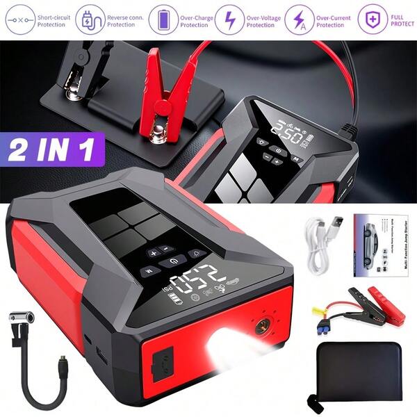 Portable Car Jump Starter With Air Compressor, Emergency LED Light & Power Bank – Fast Charging For Phones, Laptops, Cars, Trucks, RVs, And More – Includes Storage Bag, Vehicle Battery Charger | Sleek Battery Pack | Advanced Features, Portable Car Battery Jump Starter