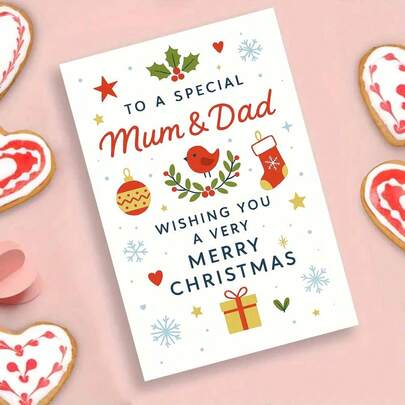 Tarjeta de felicitación navideña conmovedora "PARA UNA MAMÁ Y UN PAPÁ ESPECIALES" con un alegre pájaro rojo, guirnalda de bayas de acebo y adornos dorados - Elegante mensaje "TE DESEAMOS UNA NAVIDAD MUY FELIZ" con diseño tradicional de calcetín, copos de nieve y caja de regalo para deseos navideños para los padres