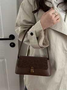 Soft PU Leather Metal Lock Decor Retro Shell Baguette Bag, Women's Shoulder Bag, New Ladies Handbag, Small Square Bag - Coffee - View 3