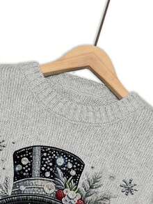 Round Neck Christmas Print Relaxed Casual Knit Pullover Top,Autumn Women,Women's Winter Sweater,Christmas Clothes - Grey - View 5