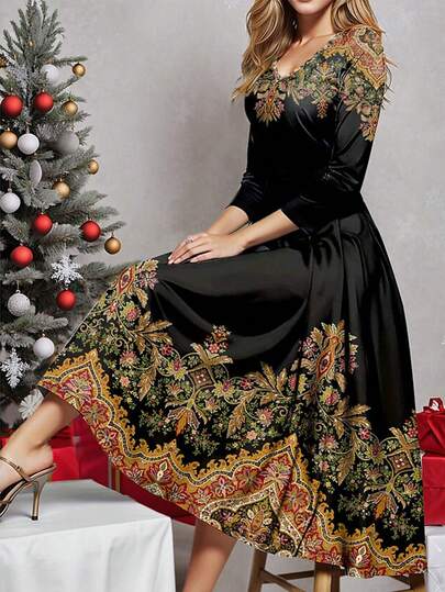 时尚休闲度假风优雅女士百搭修身连衣裙，适合外出、居家、旅行和工作，新款秋冬印花V领长袖连衣裙