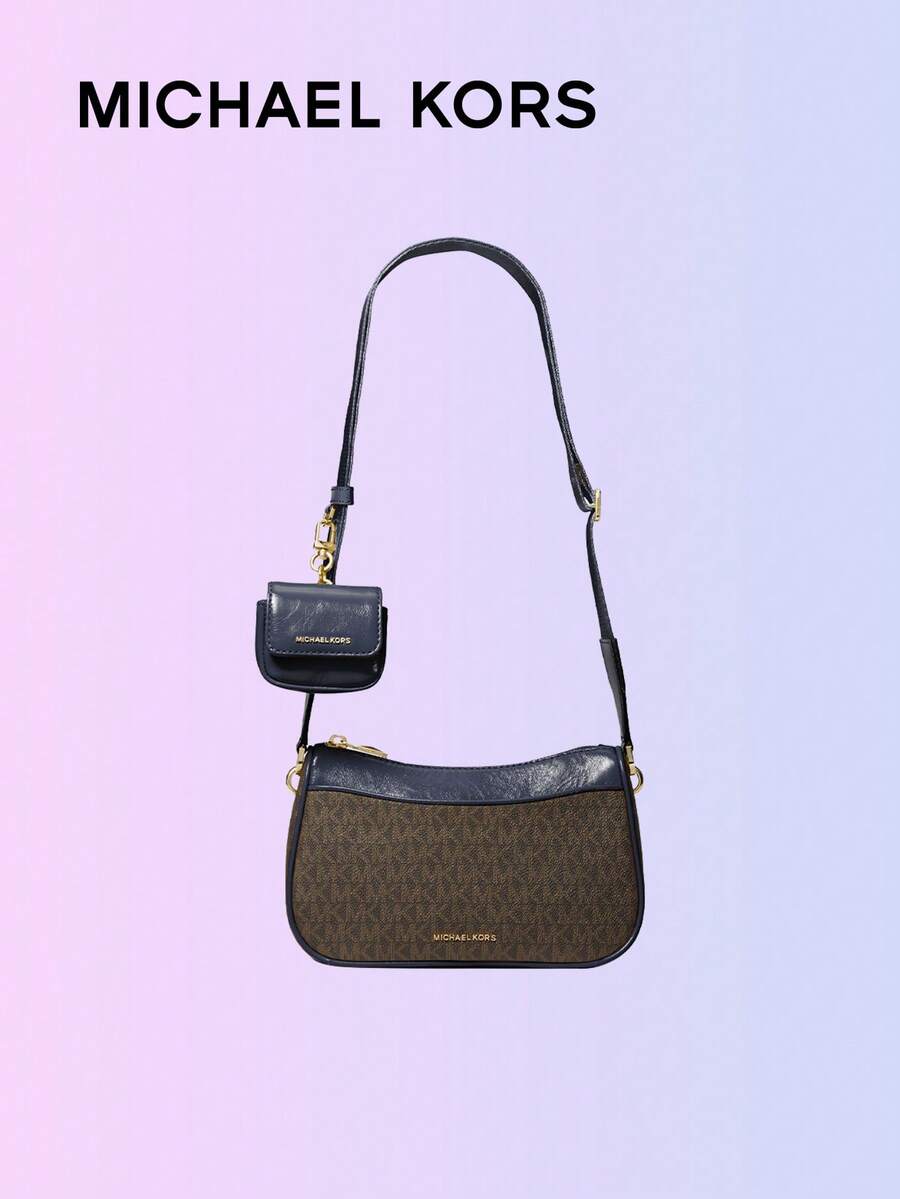 Michael Kors Túi đeo chéo in logo cỡ trung màu nâu và đen, thời trang đường phố sành điệu, dây đeo vai có thể điều chỉnh, ngăn đựng rộng rãi đựng son môi, khăn giấy và các vật dụng cần thiết, phụ kiện ví đựng tiền xu có thể tháo rời - Màu xanh nước biển - Xem 1