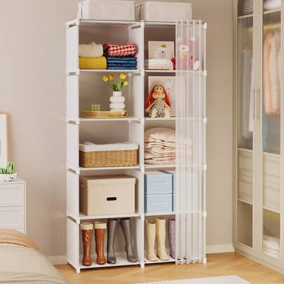 Tomnk 1pc Large Capacity Portable Wardrobe Closet, Easy-Assemble Clothing Storage Cabinet In White/Black, Ideal For Closet Organization, Home, Dorm & Rental Living