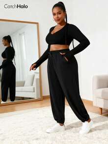 Pantalones jogger de talla grande para mujer con cintura con cordón, negro, cintura elástica, bolsillos laterales, bajo con puño, adecuado para fitness, yoga, uso diario - Negro - Ver 7