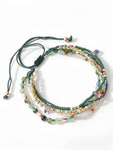 Set de 1 pieza/2 piezas de pulsera artesanal bohemia con cuentas - Piedras naturales, hecho a mano, ajustable, cuentas de calabaza, regalo versátil para Halloween, Navidad, colores de otoño/invierno