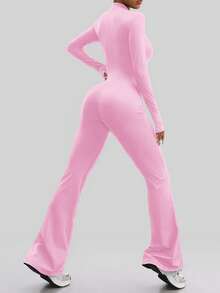 Aaseow Women Jumpsuits Long Sleeve Yoga Slim Fit Stretch One Piece Romper Fitness Female Black Basic Sportwears Tight Zipper - Pink - View 3