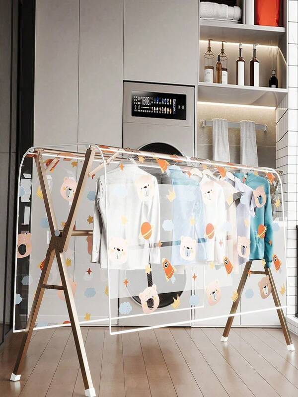 1pc Outdoor Clothes & Bedding Drying Cover - Waterproof Anti-Bird EVA Plastic Dust Cover, With Dual Pole Balcony Frame, No Power Needed For Clothing Storage & Drying, Multipurpose Rectangular Design, Balcony Storage Rack, Cute Pattern Design, Sturdy Pole Support, Luggage