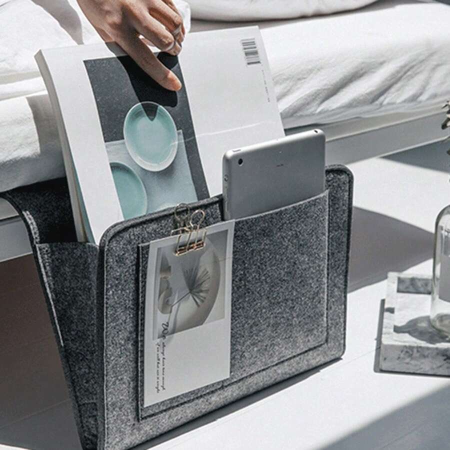 Storage Bag with Pockets Hanging Organizer, Bedside Caddy, Felt Bed Storage Organizer Hanging Bag Holder, Closet Hanging Storage Bag for Home Dormitory Bed Sofa - Gris - Ver 1