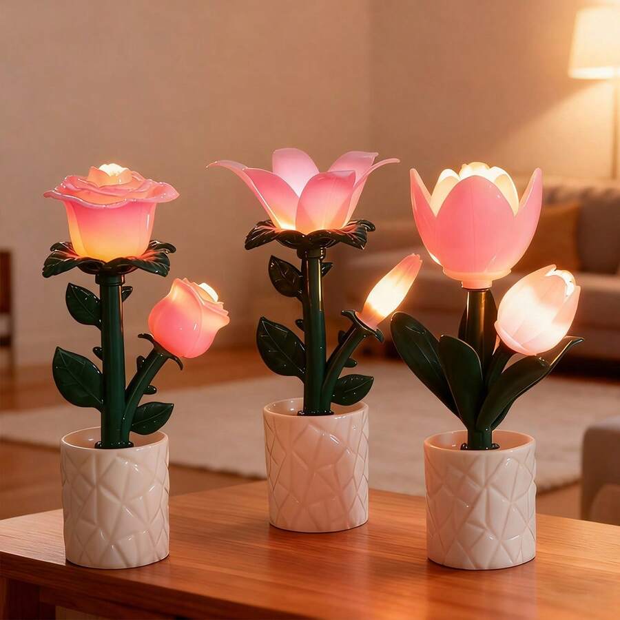 Luz nocturna con forma de tulipán y rosa hecha con bloques de construcción creativos, regalo romántico, lámpara de ambiente, decoración de escritorio, lámpara de mesa DIY