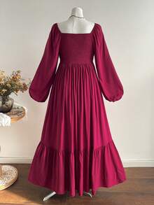 Rusttydustty 大码波西米亚蕾丝拼接V领系腰长裙，优雅浪漫 - 酒紅色 - 查看 3