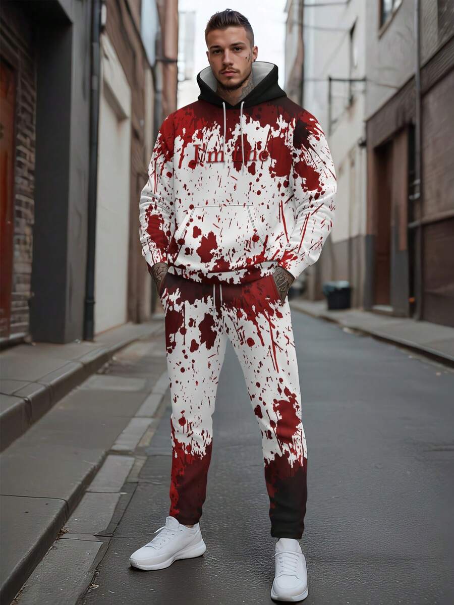 Men's "I'm Fine" Letter Print Hoodie And Pants Set, Autumn/Winter - Multicolor - View 1