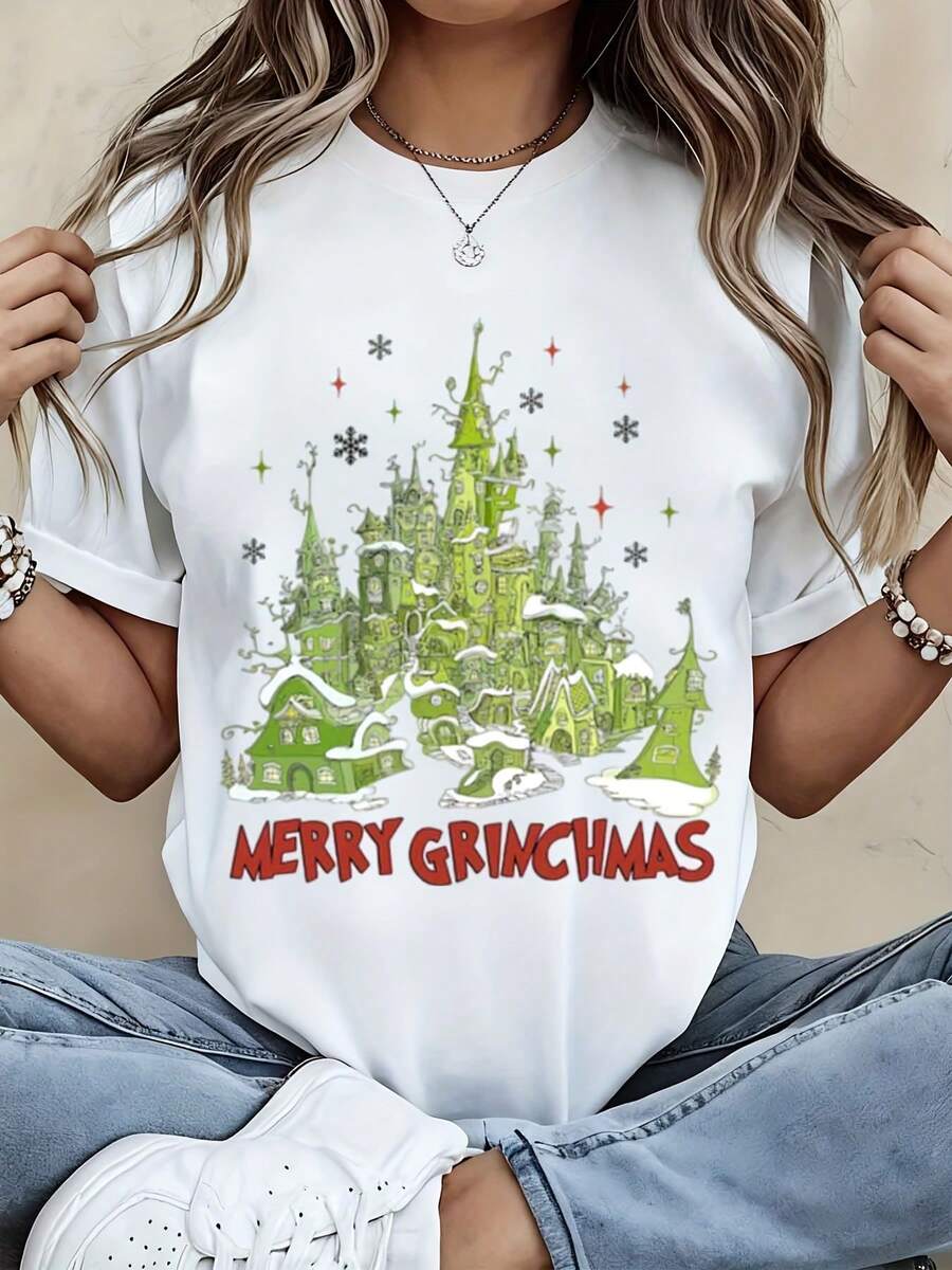 Merry Grinchmas Christmas T-Shirt Women Holiday Funny Shirt White Graphic Tee Christmas Tree Castle Design Xmas Gift Top - 白色 - 查看 1