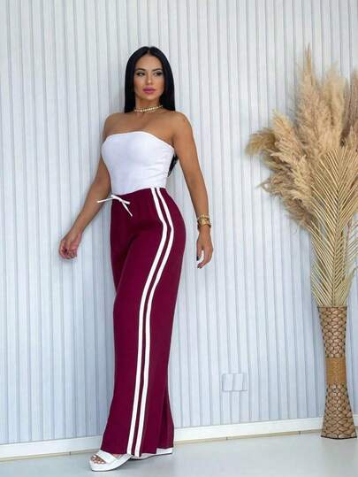 Calça Feminina Alfaiataria Pantalona Com Listra Lateral Risco Casual Elegante Festa Fim De Ano