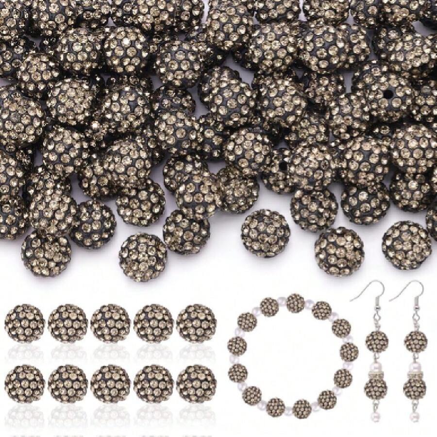 160pcs 10 Rhinestone Beads For Jewelry Making, Gray Shiny Round Disco Ball Beads Bulk, Sparkle Crystal Clay Christmas For Bracelet Baseball Necklace Earring Crafting And DIY,26388570 - 摩卡棕 - 查看 1