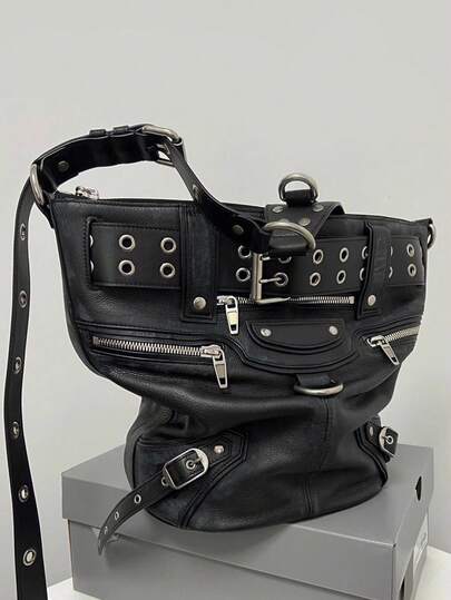 New Fashion Versatile Dark Rivet Embellished Motorcycle Bucket Shoulder Crossbody Bag For Women