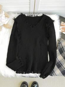女式休闲不对称做旧针织毛衣，复古风格，长袖，百搭修身，秋冬 - 黑色 - 查看 3