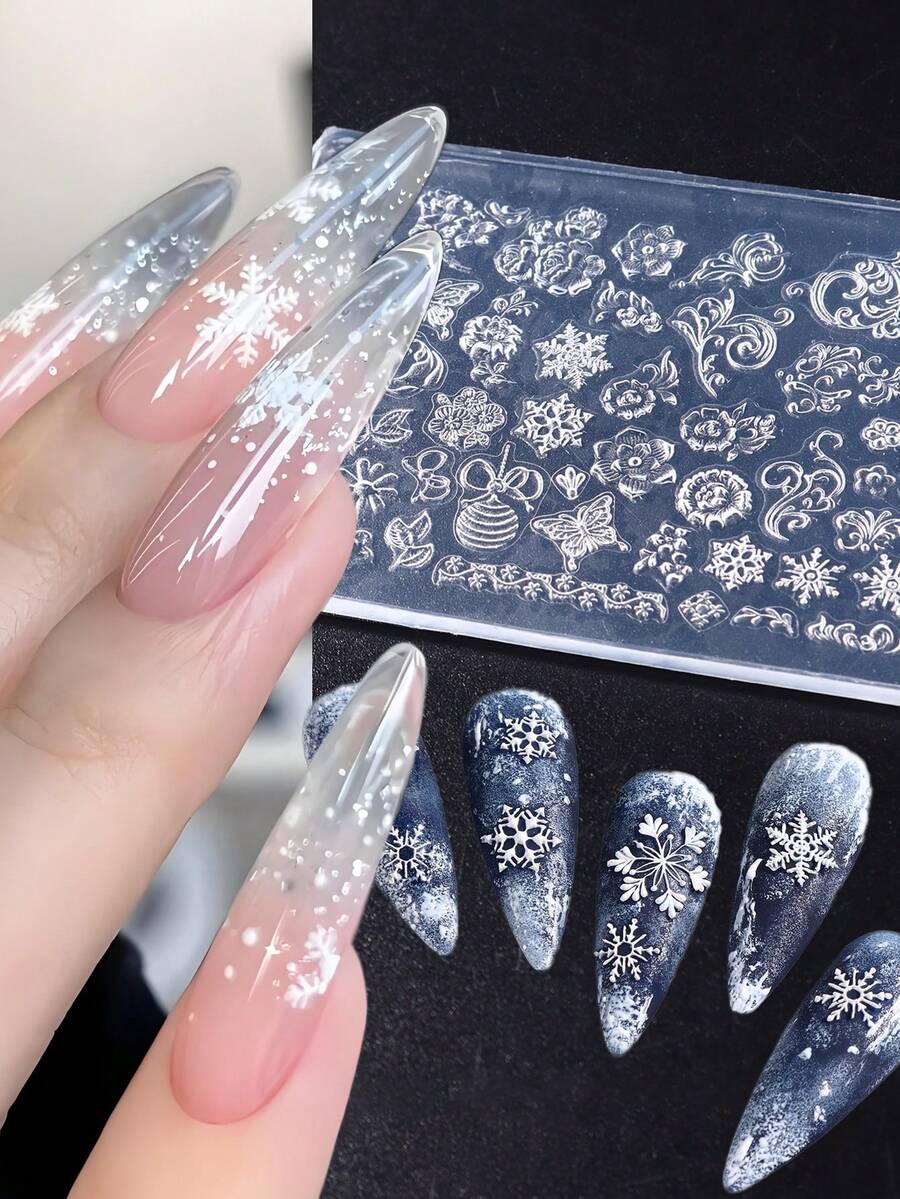 1个雪花冬季美甲硅胶模具，可重复使用凝胶美甲印花模板工具，美甲沙龙用品 - 無色 - 查看 1
