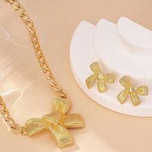 3pcs Exaggerated Geometric Design Gold Bowknot Earrings & Necklace Set, Jewelry