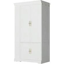 Armoire Wardrobe Closet With Mirror, 70" Wooden Wardrobe Cabinet With 4 Doors, 2 Open Storage Shelves, Freestanding Bedroom Armoire With 3 Hooks & Hanging Rod For Home Room, White - 預設 - 查看 6
