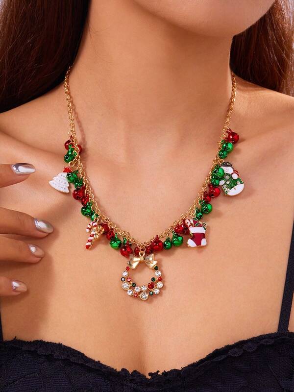Weihnachtliche Deko-Halskette mit Glöckchen, Strass-Kranz-Anhänger, Schneemann-Anhänger, Weihnachtsstrumpf-Anhänger, Weihnachtsbaum-Anhänger, Zuckerstangen-Anhänger; geeignet als Geschenk für Freunde, als Dekoration für Weihnachtsfeiern.