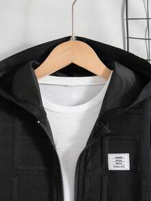 2 pezzi/set Outfit casual da ragazzo con giacca con cappuccio e zip e pantaloni in colore unito, per primavera/autunno - nero - Visualizzare 4