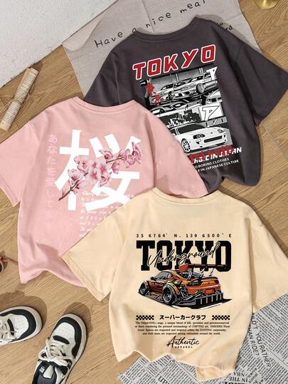 3 件套夏季新款休闲趣味赛车和日本樱花花卉印花圆领短袖 T 恤，时尚百搭女式上衣