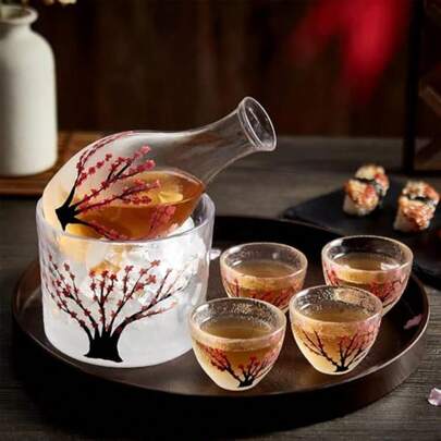 FourPerson Glass Sake Mug Set HandPainted Pink Cherry Blossom Pattern Smooth Rim For Easy Pouring Perfect For Enjoying Cold And Hot Sake At Home Or In A Restaurant