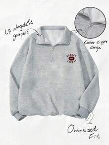 Women's Casual Pullover Sweatshirt, Minimalist American Football "Sunday Funday" Graphic Print, High Neck Zipper, Fashion Versatile, Suitable For Autumn/Winter - Dark Gray - View 11