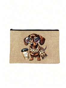 Yellow Linen Buckle Handbag With Black Border, Printed With A Dachshund Wearing Glasses And A Cup Of Coffee Includes A Large Bag And A Small Wallet, Handbag And Coin Purse, Handbag And Wallet, Cute Scarf Puppy Pattern Design, Card Holder, Multifunctional Portable Teacher Handbag, Teacher Appreciation Linen Bag, Women's Gift,