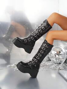 2025秋冬新款深色金属扣厚底朋克摇滚机车靴 - 黑色 - 查看 3