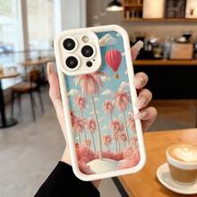 Cubierta de teléfono con borde negro diseño de palmeras rosadas y globo aerostático cielo azul para uso diario en cafeterías y viajes Aplicable a los teléfonos de la serie Apple y Galaxy - Burdeos - Ver 4