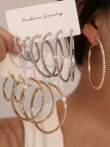 3pair Light Luxury Diamond-Embedded Fashion Hoop Earrings For Women Teens - Internet Influencer Style, Minimalist Large Hoops, Bold Elegant Round Statement Earrings | Y2K Streetwear Chic, Thick Metal Frame With Shiny Diamond Inlays, Versatile For Everyday Wear/Date Night/Party Outfits/Work Looks | Statement Jewelry, Eye-Catching Circular Hoops, Must-Have Accessory For Modern Wardrobe,, Suitable For Casual & Formal Occasions, Elevates Any Outfit Instantly - Silver-3pair - 查看 2