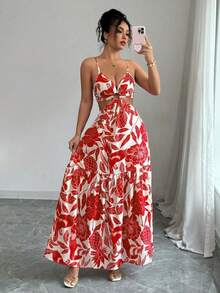 Women's Long Printed Dress With Side Cutouts And Front Ring, Elegant Look - Đỏ - Xem 11