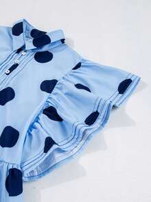 Women's Sky Blue Polka Dot Blouse - Chic & Feminine Ruffled Short Sleeve Shirt - 藍色 - 查看 7